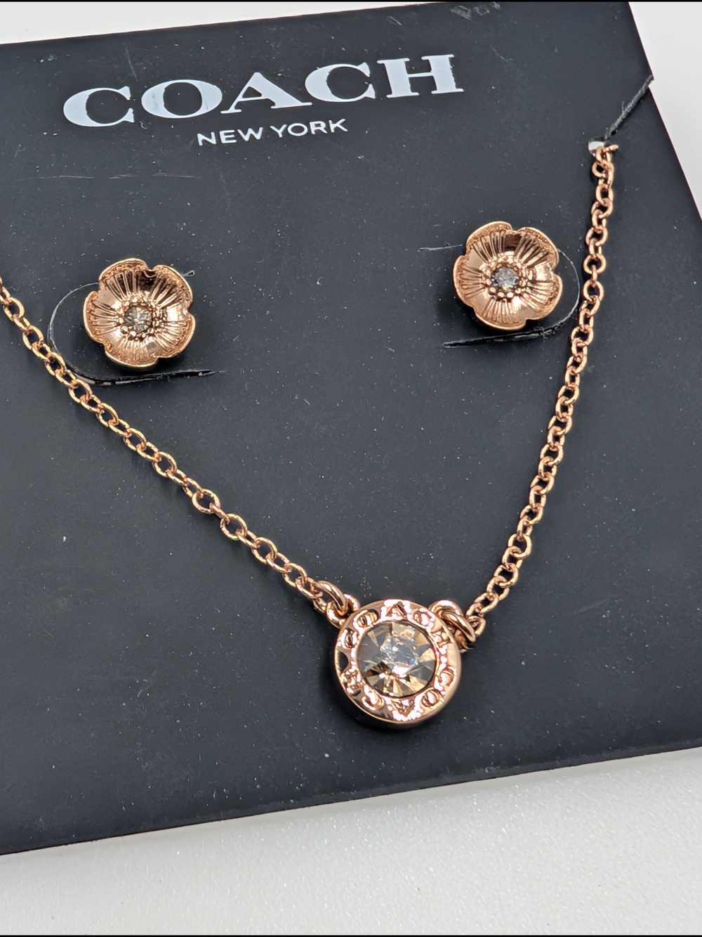 Coach Rose Gold Floral Crystal Necklace and Studs Set